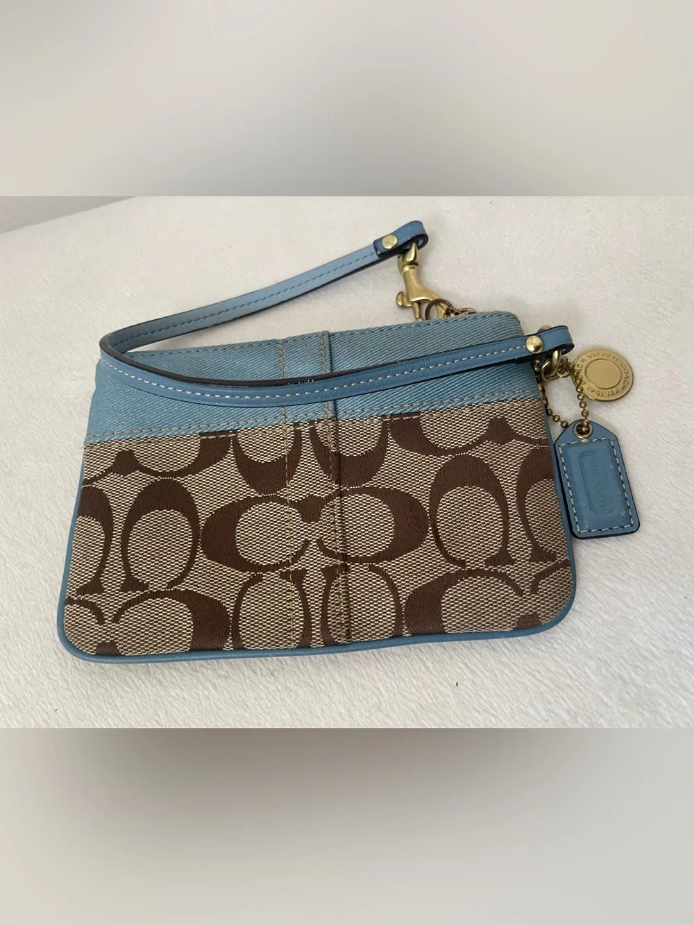 Coach Brown Signature Canvas Wristlet with Blue Trim